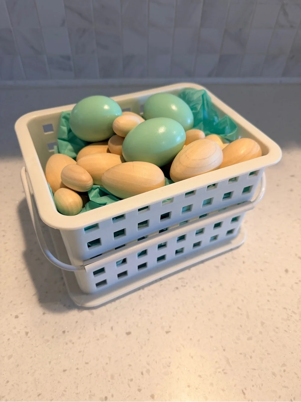 Wooden Decorative Eggs in Mint and Natural With Basket - Home Accents